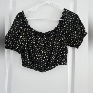 Floral Black Puff Sleeve Crop Top